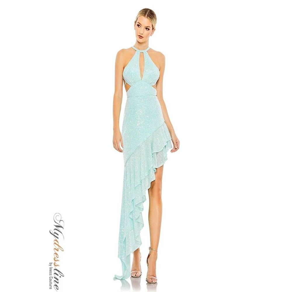 Mac Duggal Aqua Sequin High Low Halter Gown A11274 Size 6 NWT